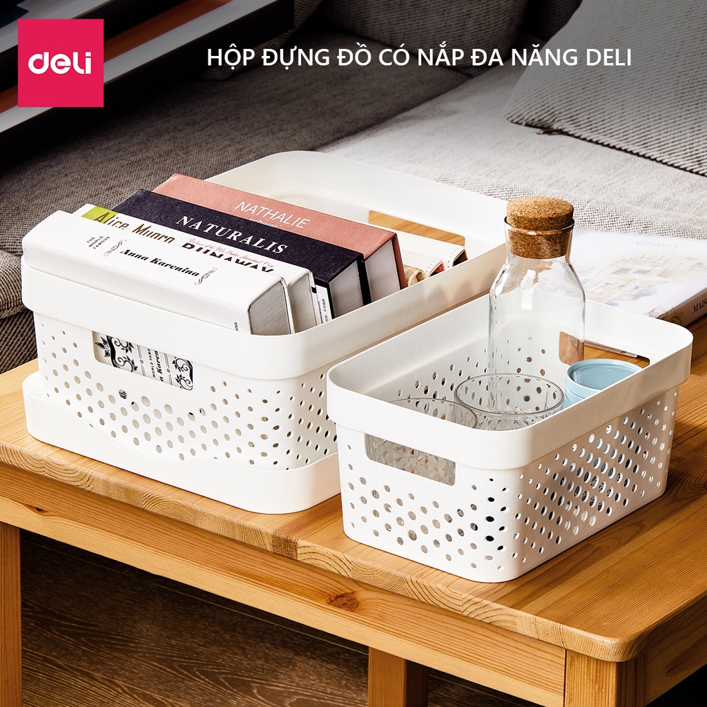 Giỏ nhựa đựng đồ đa năng có nắp hộp đựng quần áo tặng kèm sticker Deli Hộp nhựa đựng đồ có tay cầm sắp xếp gọn gàng