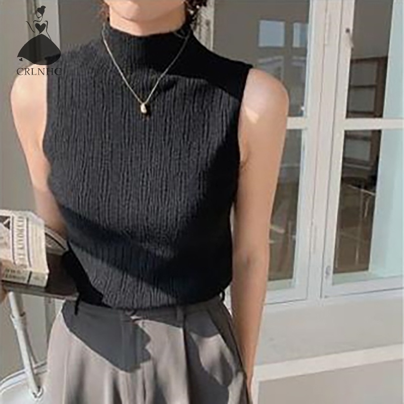 Áo Dệt Kim Sát Nách Cổ Lọ Màu Trơn Thời Trang Mùa Hè Cho Nữ vn