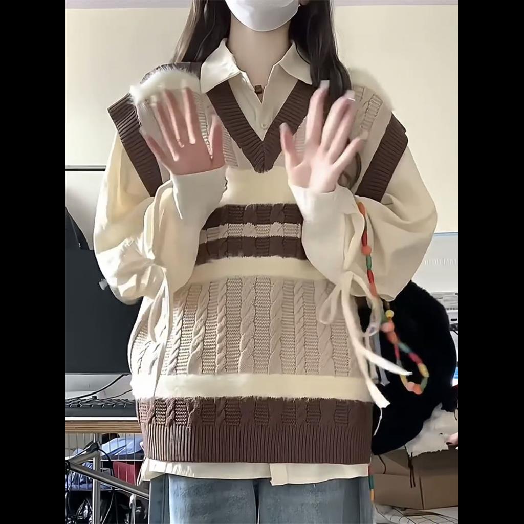 Set Áo Sơ Mi Hoa Anh Đào + Áo Khoác Ghi Lê Dệt Kim Không Tay Thêu Biểu Tượng Lông Thú Phong Cách Đại Học Cho Nữ Sinh / set