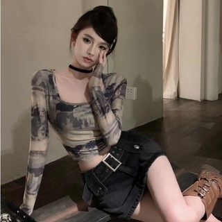 Cozok Áo Thun Tay Dài Cổ Vuông Dáng Ôm In Họa Tiết Phong Cách retro