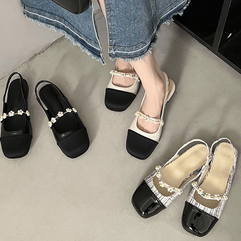 Qinos Sandal Mũi Vuông Hở Lưng Đính Ngọc Trai Phong Cách Hàn Quốc