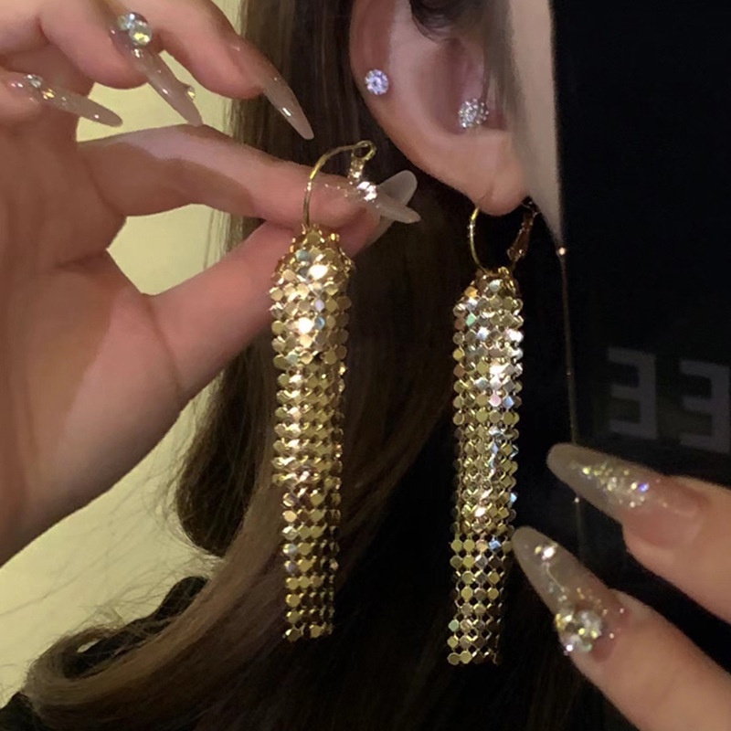 Bông Tai Kim Bạc Dáng Dài Tua Rua Phong Cách Âu Mỹ Sang Trọng Thời Trang Cho Nữ