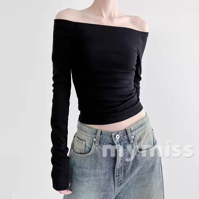 Mymiss1-áo Thun Tay Dài Trễ Vai Cổ Thuyền Màu Trơn Ôm Dáng Thời Trang Xuân Thu Cho Nữ