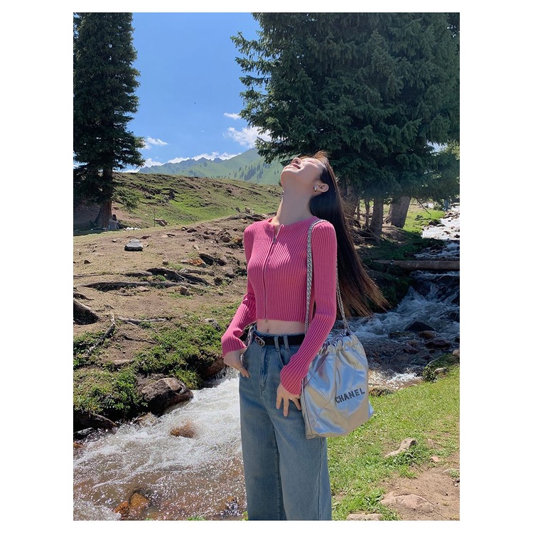 Áo cardigan Dệt Kim Dài Tay Dáng Ôm Phối Khóa Kéo Đôi Thời Trang Thu Đông Hàng Mới 2023 Dành Cho Bạn Nữ