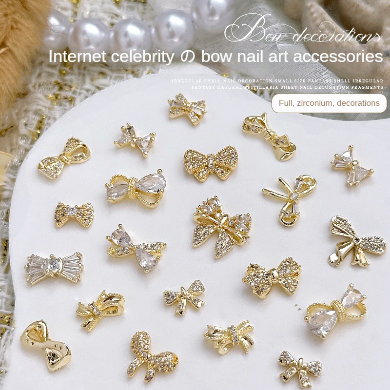 Trang sức nghệ thuật móng tay nơ vàng mạ zircon / Dây buộc kim cương gắn móng tay bằng kim loại không phai màu