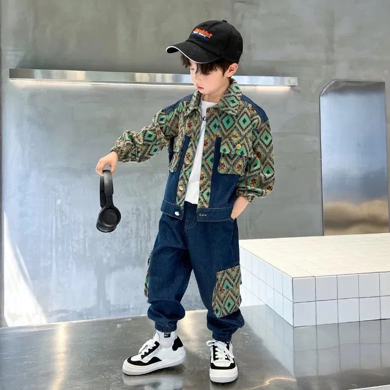 SUPER KIDS quần áo trẻ em Bộ Quần Áo denim Phong Cách Hàn Quốc Năng Động Cho Bé Trai đồ bé trai