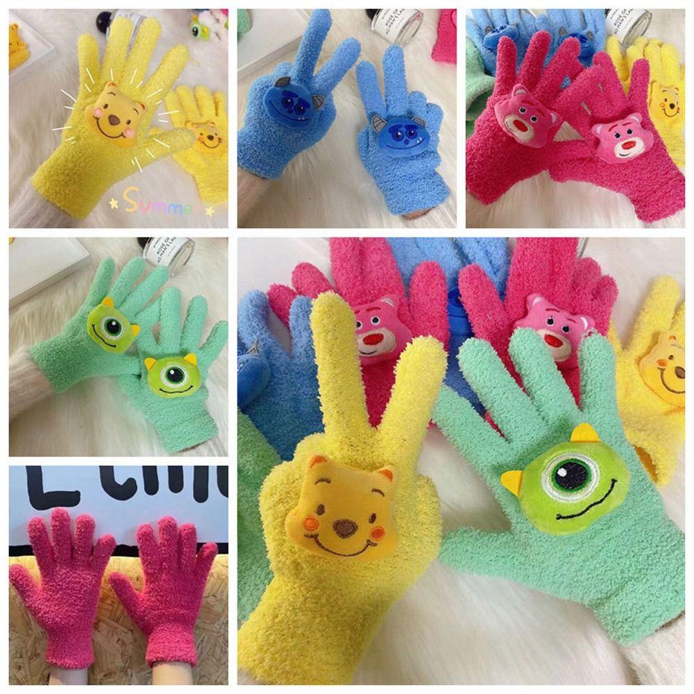 Găng Tay Lái Xe Năm Ngón Hình Gấu Bông Màu Trắng Ngà Hoạt Hình Dễ Thương Lông Cừu San Hô Đeo Ngón Tay Giữ Ấm Mùa Thu Đông