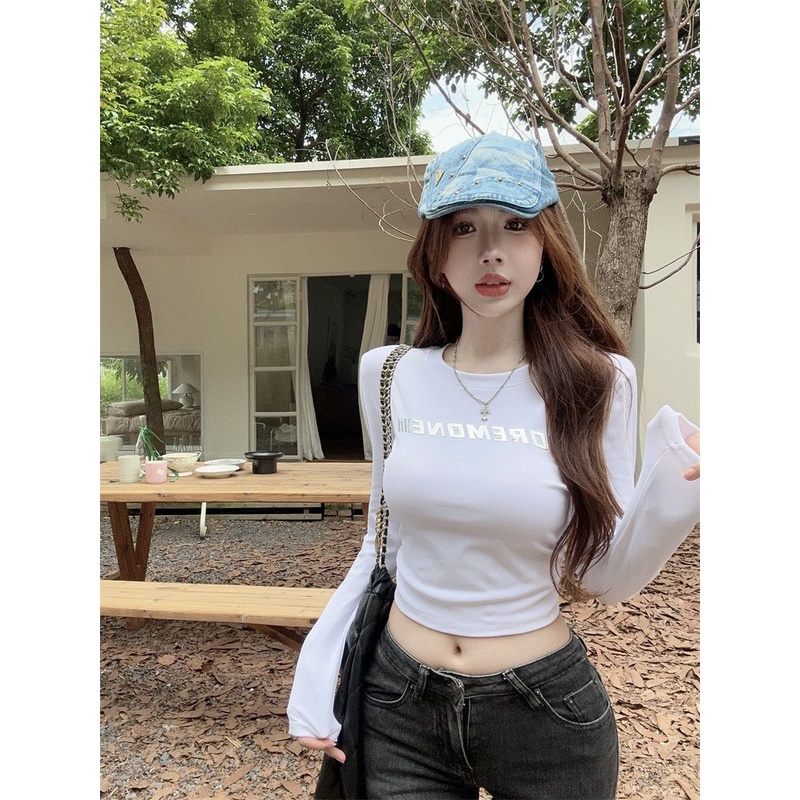 Áo Thun cotton Tay Dài Màu Đen Phong Cách retro Mỹ Cho Nữ