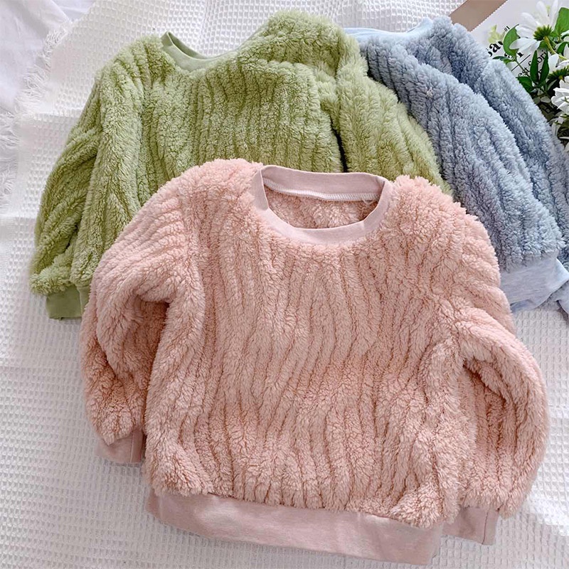 Momo Áo sweater Vải Nhung Ấm Áp Màu Trơn Phong Cách Hàn Quốc Thời Trang Thu Đông Cho Bé