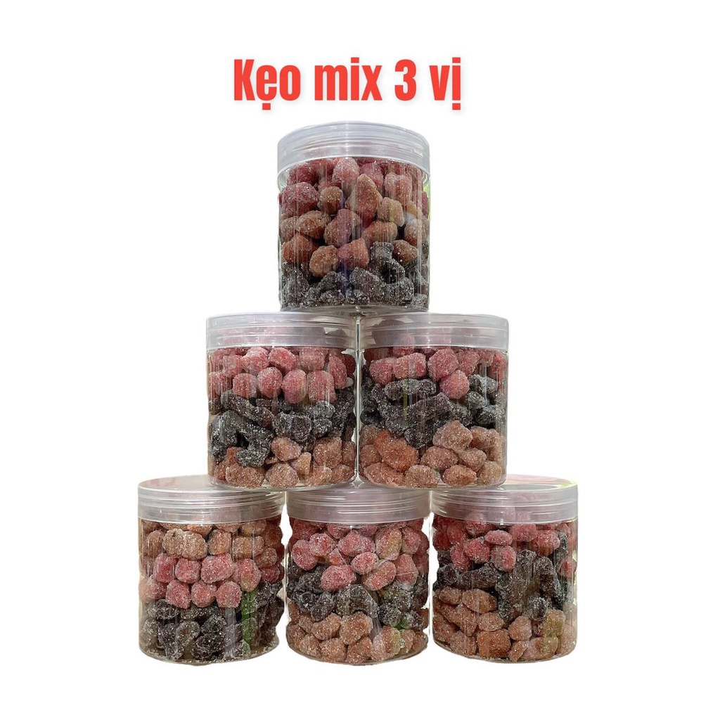 Hộp kẹo 3 vị dâu tây , dâu tằm , me cay hộp 500gr