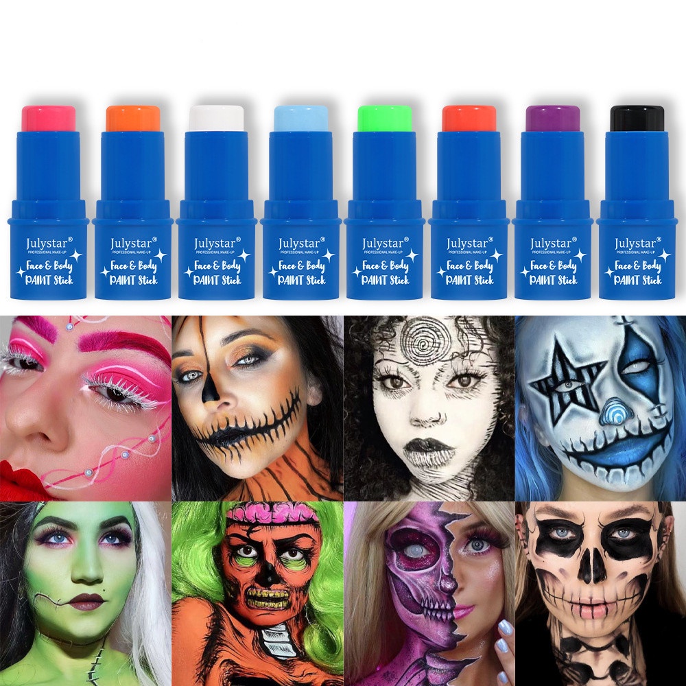 Julystar Halloween Painting Stick Body Painting Cream 8 Màu Huỳnh Quang Hòa Tan Trong Nước Giai đoạn Trên Khuôn Mặt đầy Màu Sắc Glow In The Dark Stage Painting Stick 2024 Mới