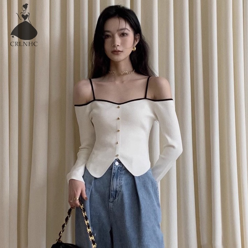 Áo croptop CRLNHC dệt kim trễ vai màu tương phản lệch tà ôm dáng cho nữ