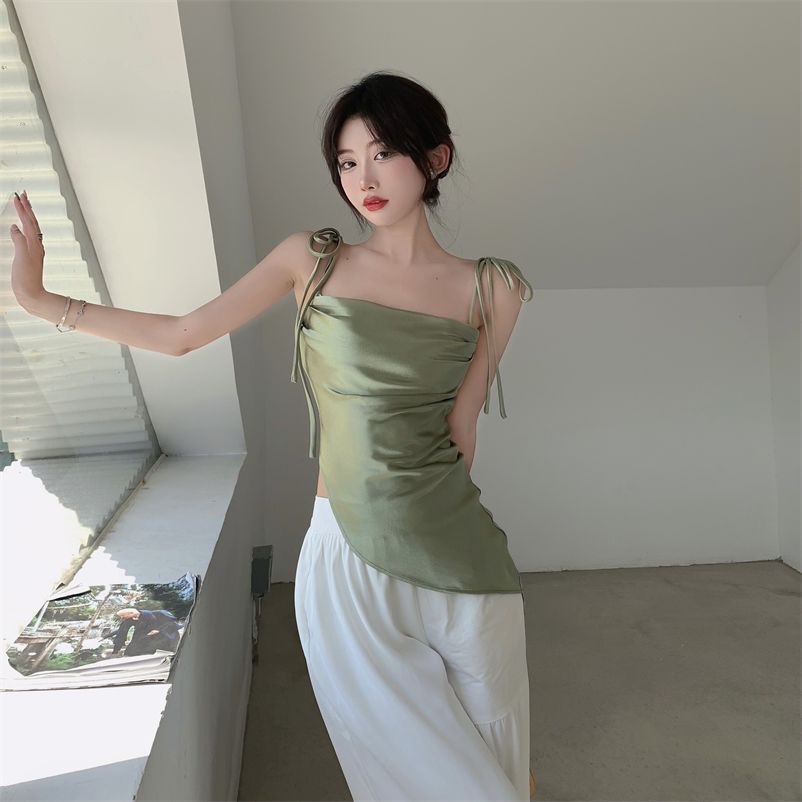 Milyfashion Áo Hai Dây Xếp Ly Ôm Dáng Bằng satin Cao Cấp Phong Cách desire Cho Nữ