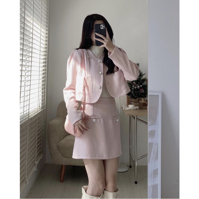 S35 Sét dạ tweed cổ tròn tặng kèm nơ ngọc , áo khoác dạ tay dài mic chân váy chữ A sukii.house
