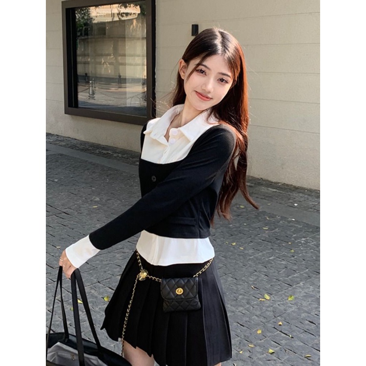 Áo Sơ Mi Ngắn Tay Dài Giả Hai Lớp Màu Sắc Tương Phản Phong Cách Pháp Thời Trang Xuân Thu Cho Nữ