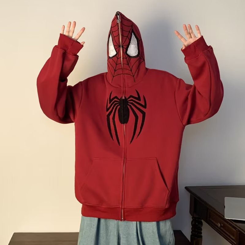 Áo Khoác Hoodie Có Khóa Kéo In Hình Người Nhện Phong Cách retro Mỹ Thời Trang Thu Đông Cho Nam