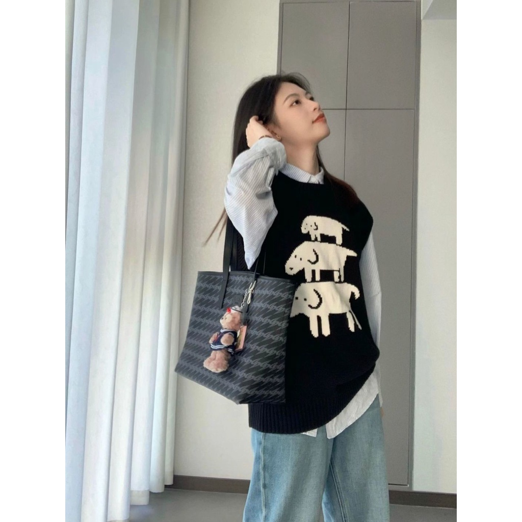 Set Áo Len Không Tay + Áo Sơ Mi Kẻ Sọc Dài Tay + Áo Khoác Ghi Lê Thời Trang Nữ