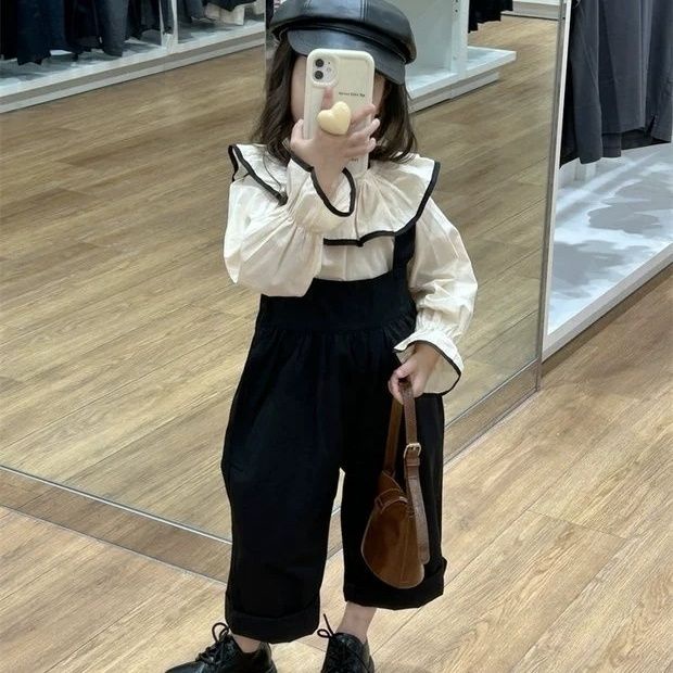 Bộ Áo Sơ Mi cotton + Quần Yếm Dáng Rộng Phong Cách Phương Tây Thời Trang Mùa Thu Cho Bé Gái