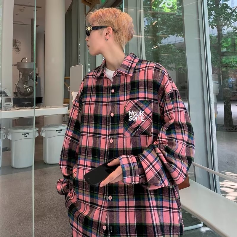 Áo Sơ Mi Caro Form Rộng Thời Trang Cho Nam Áo Sơ Mi Kẻ Sọc Nam Áo Sơ Mi Nam Dài Tay Áo Phối Túi Ngực Thời Trang Phong Cách Cặp Đôi