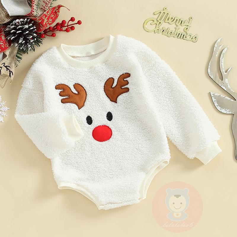 Áo Liền Quần Tay Dài Cổ Tròn Thêu Hình Tuần Lộc laa6-baby fleece