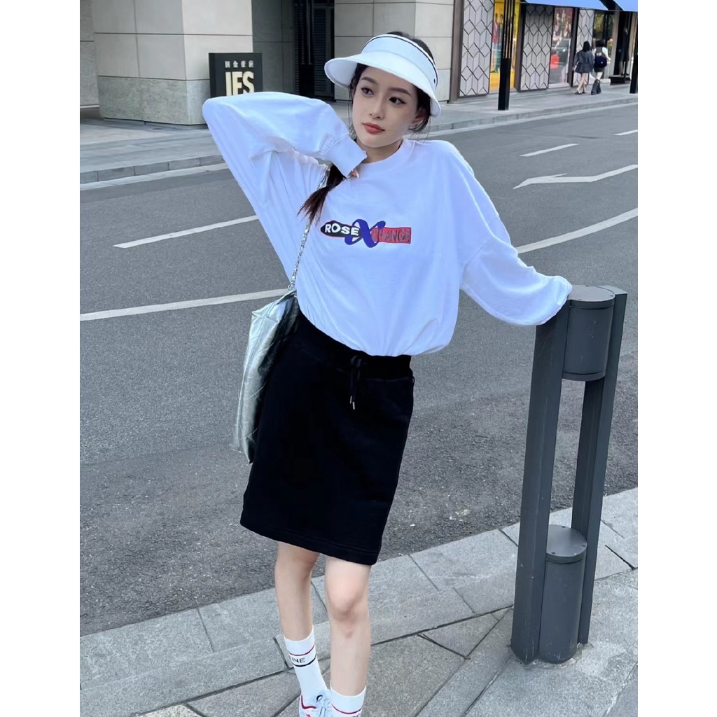 Martine Áo Thun Sweater Chui Đầu Dáng Rộng Tay Dài In logo Khối Màu Và Hình Hoa Hồng Giản Dị Cho unisex