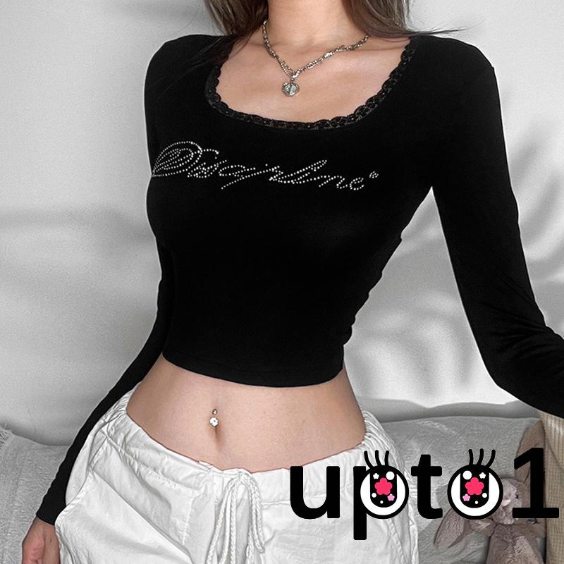 Áo Croptop Tay Dài Viền Ren In Chữ Thời Trang Cho Nữ