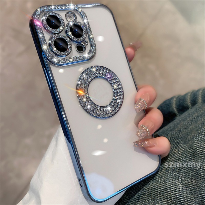 Sang Trọng Ốp Điện Thoại tpu Silicon Mềm Trong Suốt Chống Sốc Mạ Điện Đính Đá Cho iphone 15 14 13 12 pro max