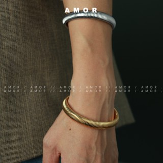 Vòng Đeo Tay Co Giãn Bằng Thép Không Gỉ Họa Tiết Kẻ Sọc Màu Vàng / Bạc Thời Trang Cho Nam Và Nữ