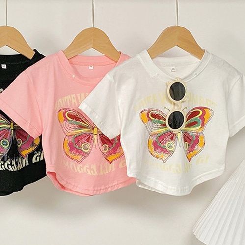 Áo Thun Tay Ngắn Dáng Ôm In Họa Tiết Bươm Bướm Thời Trang Mùa Hè Xinh Xắn Cho Bé Gái