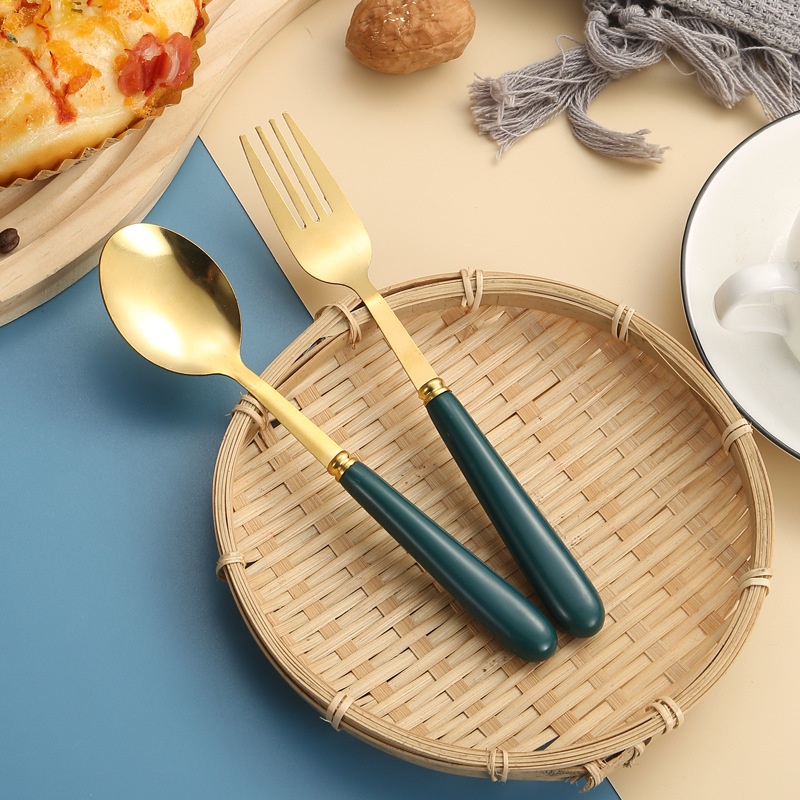 Bộ Muỗng Nĩa Ăn Tráng Miệng Bằng Thép Không Gỉ Màu Xanh Lá Đậm