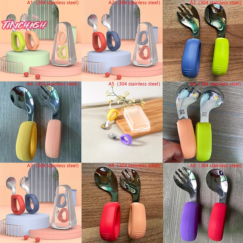 Muỗng Nĩa Tập Ăn Bằng Thép Không Gỉ Tay Cầm Ngắn Cho Bé