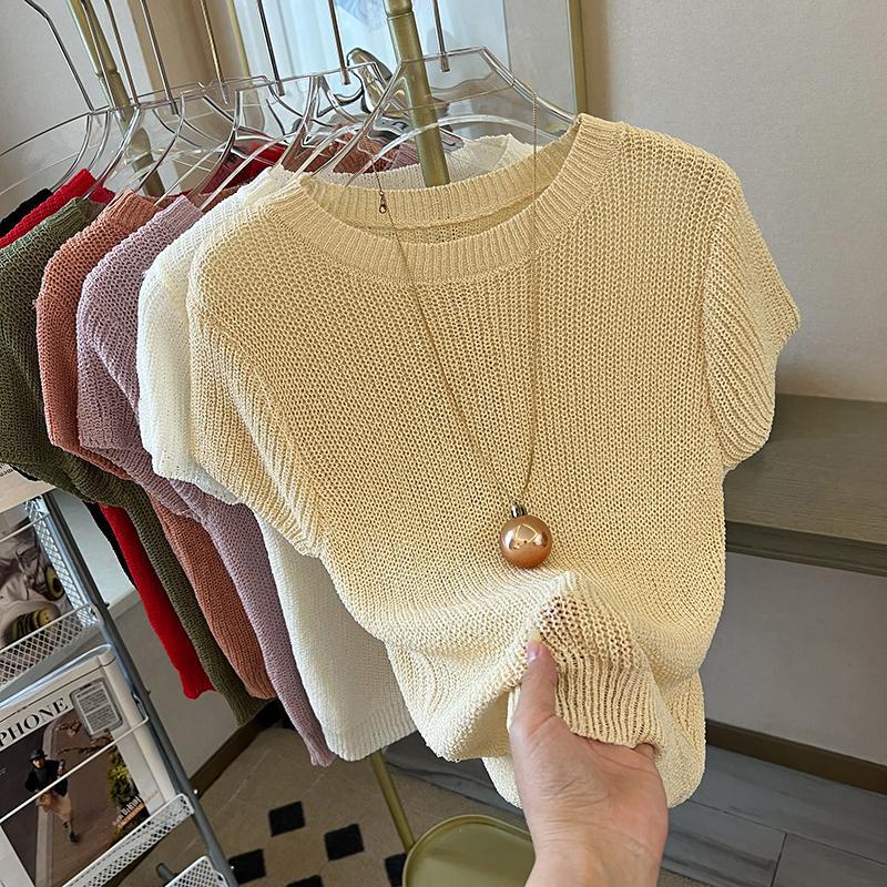 Áo sweater Dệt Kim Tay Ngắn Vải Lụa Lạnh Mỏng Thời Trang Mùa Hè 2023 Phong Cách Pháp Cho Nữ