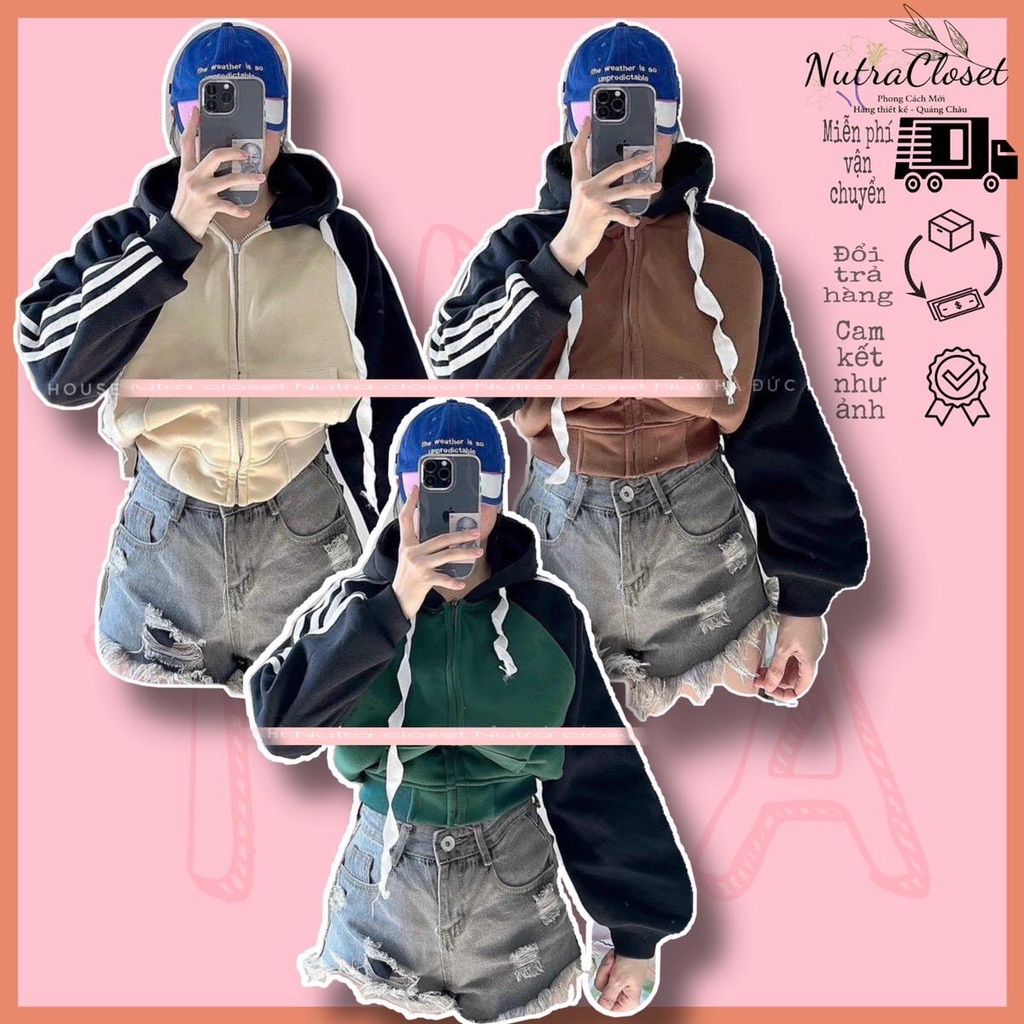 Áo khoác nỉ lửng croptop sọc tay raplan phối sọc unisex nam nữ