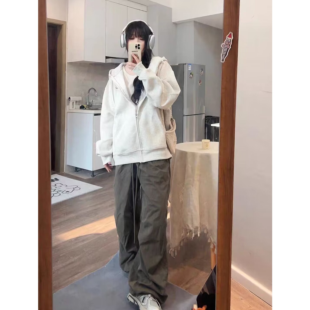Áo Hoodie Tay Dài oversize Có Khóa Kéo Phong Cách Hàn Quốc Cho Nữ