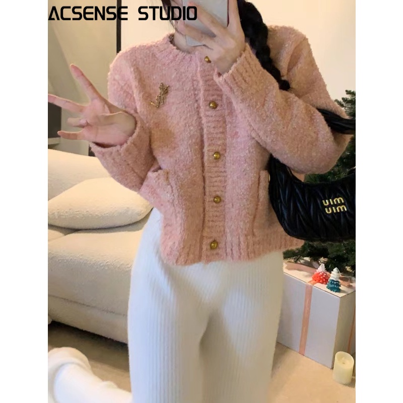 ACSENSE STUDIO Áo Len áo khoác cardigan Dễ thương Đơn giản INS Vintage WMY23A0O9N 42Z231019