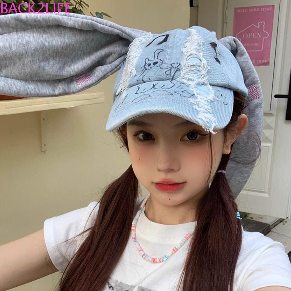 Lưng Nón Lưỡi Trai denim cotton Họa Tiết Tai Thỏ graffiti y2k Phong Cách hip hop Cá Tính Dành Cho Nam Y2Li