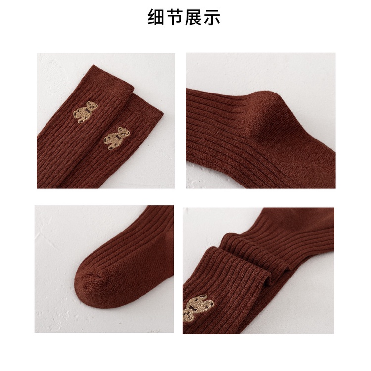 Vớ cotton Cao Qua Gối Thêu Họa Tiết Gấu Hoạt Hình Màu Trơn Phong Cách Hàn Quốc Xinh Xắn Cho Bé Gái