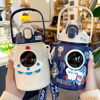 Bình Giữ Nhiệt 850 Ml Họa Tiết Phi Hành Gia, Bình Uống Nước Cho Bé Đi Học Inox 316 Tặng Kèm Sticker 2D, 3D, Bộ Rửa Bình