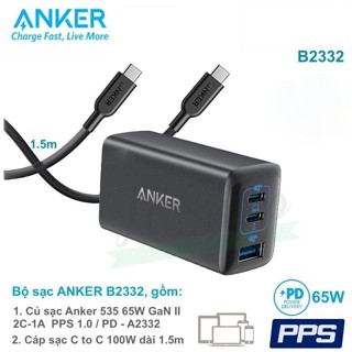 Bộ sạc B2332: Củ sạc nhanh ANKER 535 PPS/PD 65W 2C1A - A2332, kèm Cáp sạc C to C PD 100W dài 1.5m