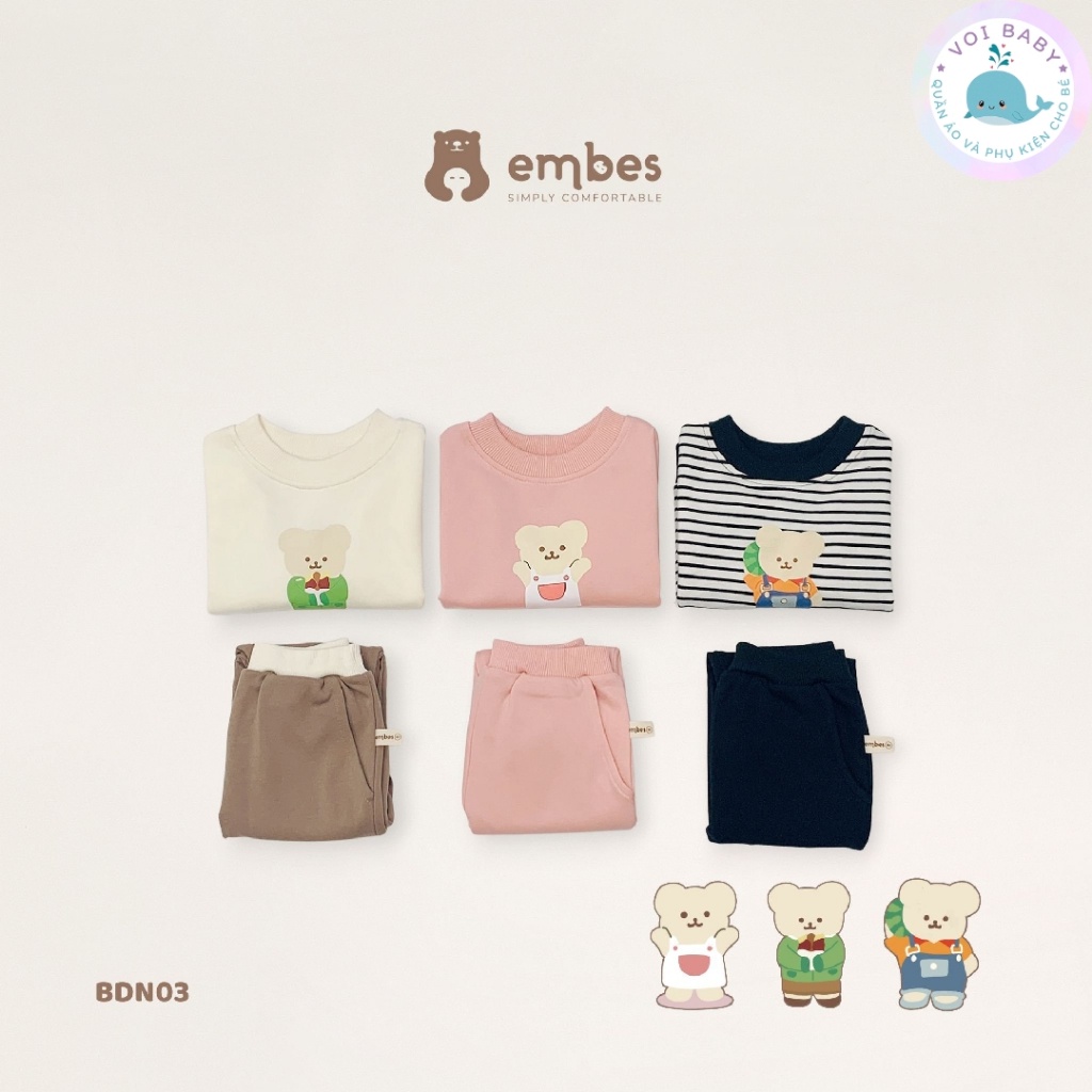 Bộ dài tay nỉ da cá in gấu cho bé trai bé gái Embes