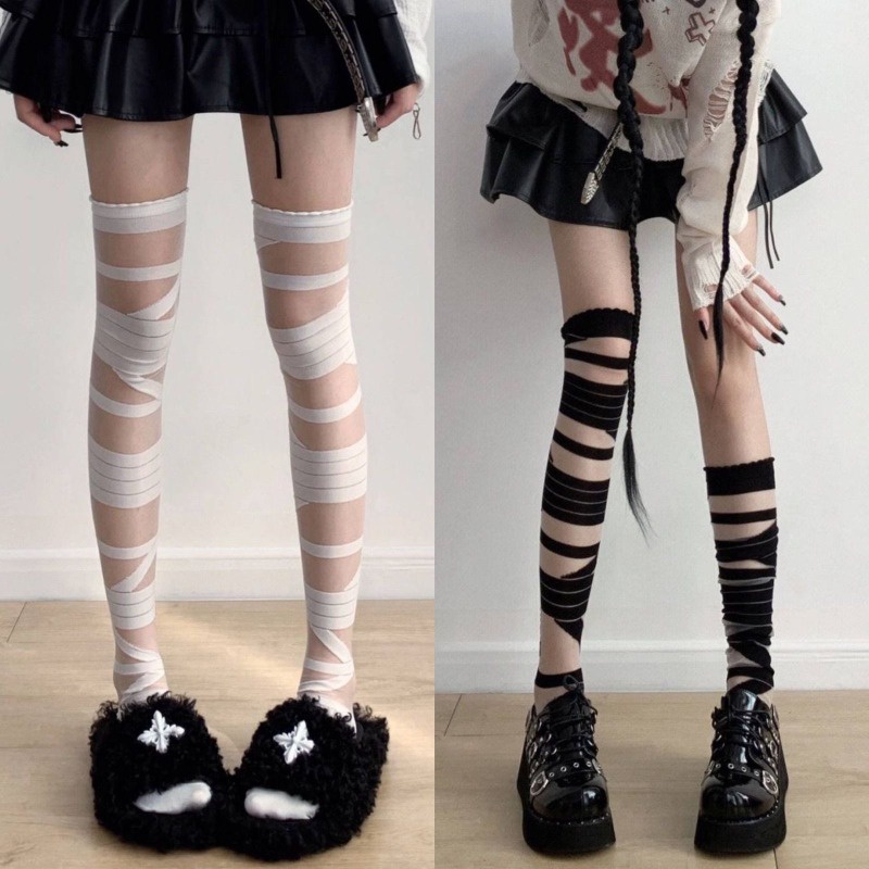 Japanese Lolita Black and White Bandage Stockings for Girls' New JK Uniform Cross Tie Long Tube Knee Length Stockings