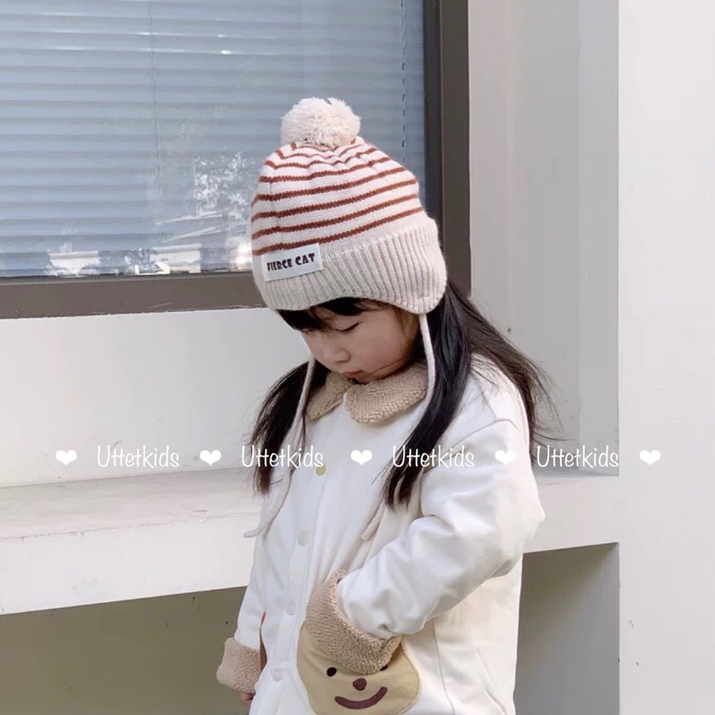 MŨ LEN SỌC CÓ DÂY PHONG CÁCH HÀN QUỐC CHO BÉ GÁI VÀ BÉ TRAI RẤT ĐẸP