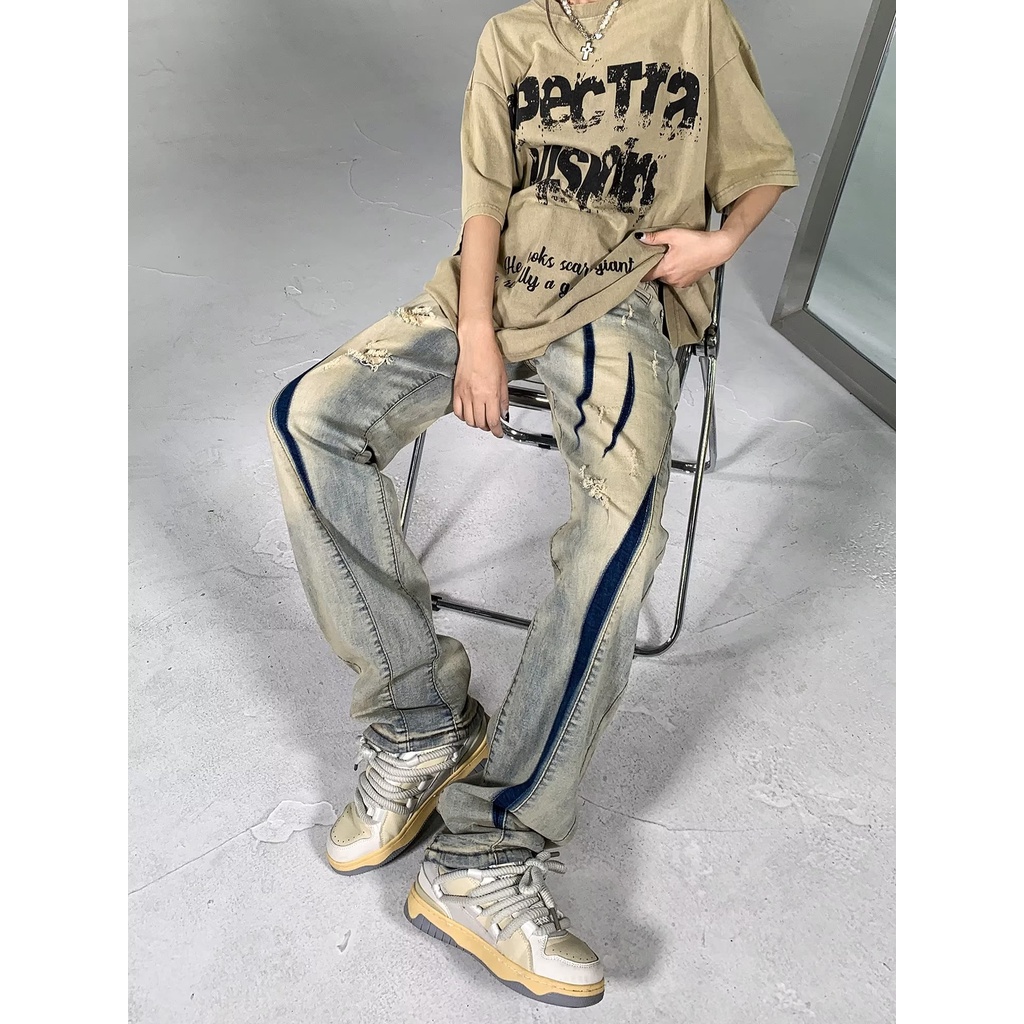 Quần Jean Dài Dáng Rộng Rách Gối Màu Vàng Thời Trang Thu Đông Phong Cách hip hop Hàn Quốc Cho Cặp Đôi