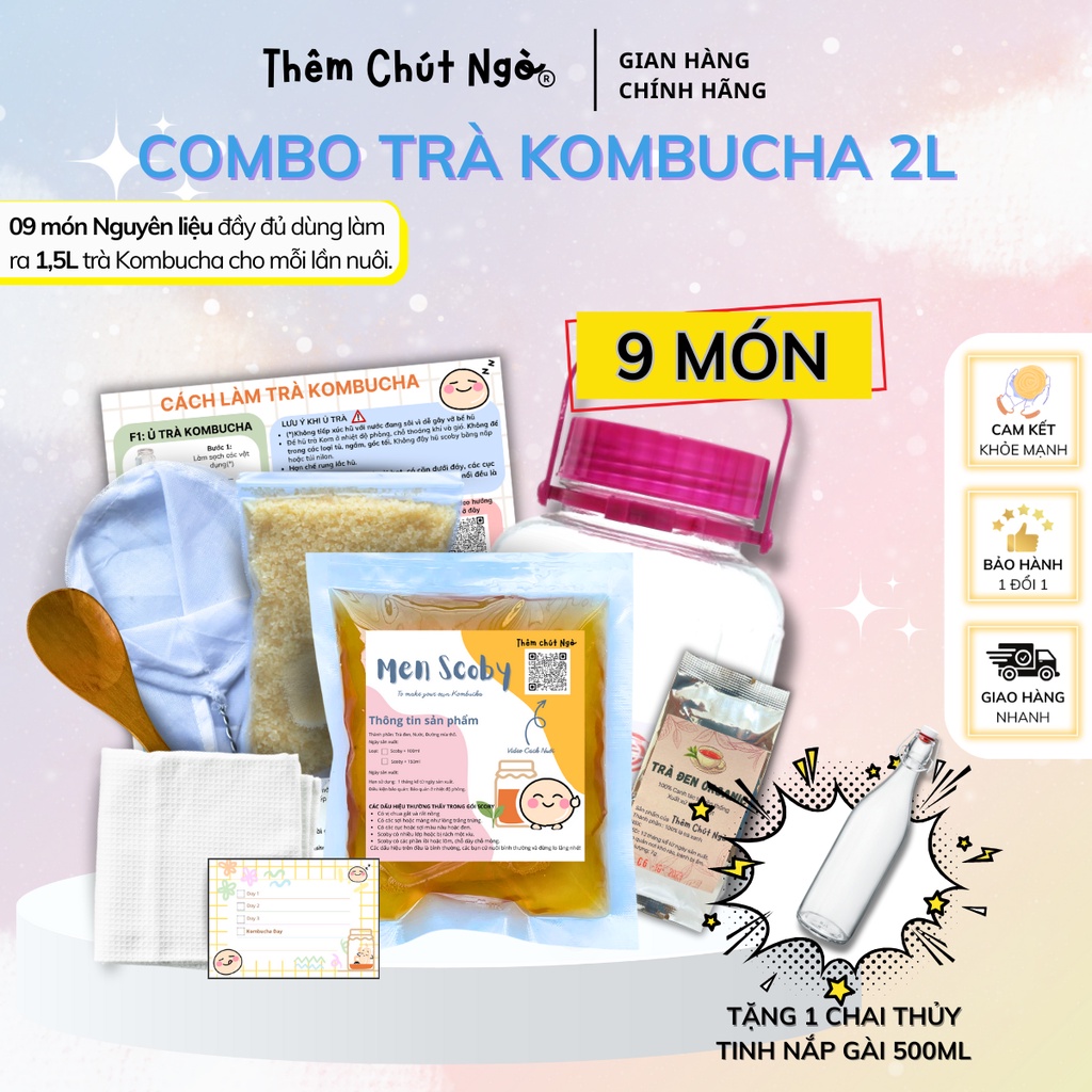 Combo Trà Kombucha đầy đủ nguyên liệu nuôi Scoby làm trà Kombucha, Set nguyên liệu làm trà Kombucha Scoby