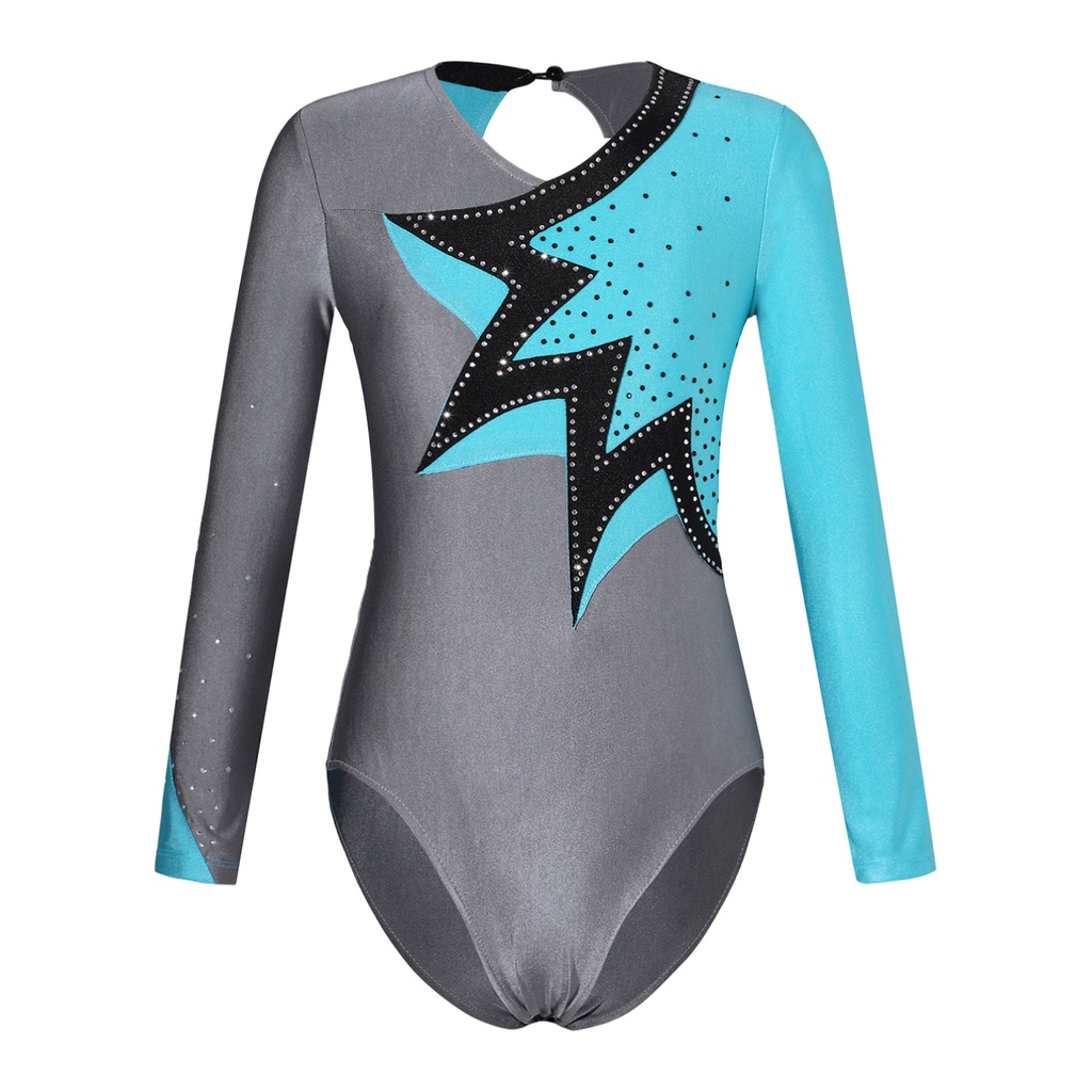 Bộ Áo Liền Quần Tay Dài Khoét Lỗ Hở Lưng Khối Màu Kim Cương Lấp Lánh Tập yoga / Gym Cho Bé Gái