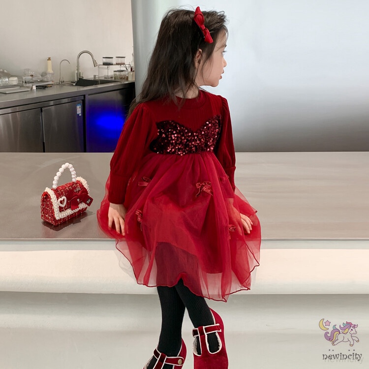 Đầm Công Chúa Giả Hai Lớp Đính Kim Sa Thắt Nơ Phong Cách Hàn Quốc Cho Bé Gái