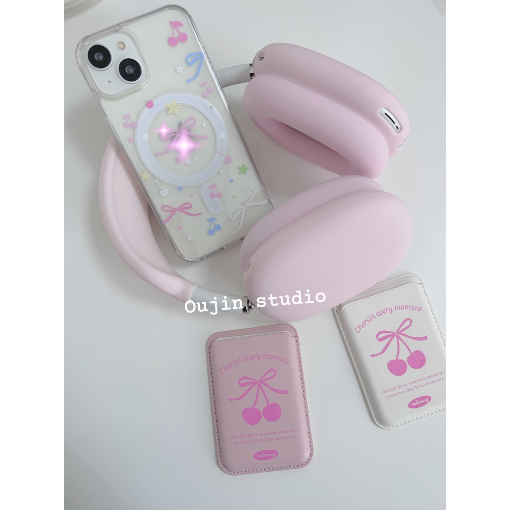 Bao Da Điện Thoại Có Ngăn Đựng Thẻ Từ Tính Hình Quả cherry Dễ Thương Cho 15pro / 14promax / 13 / 12 / 11 Ốp