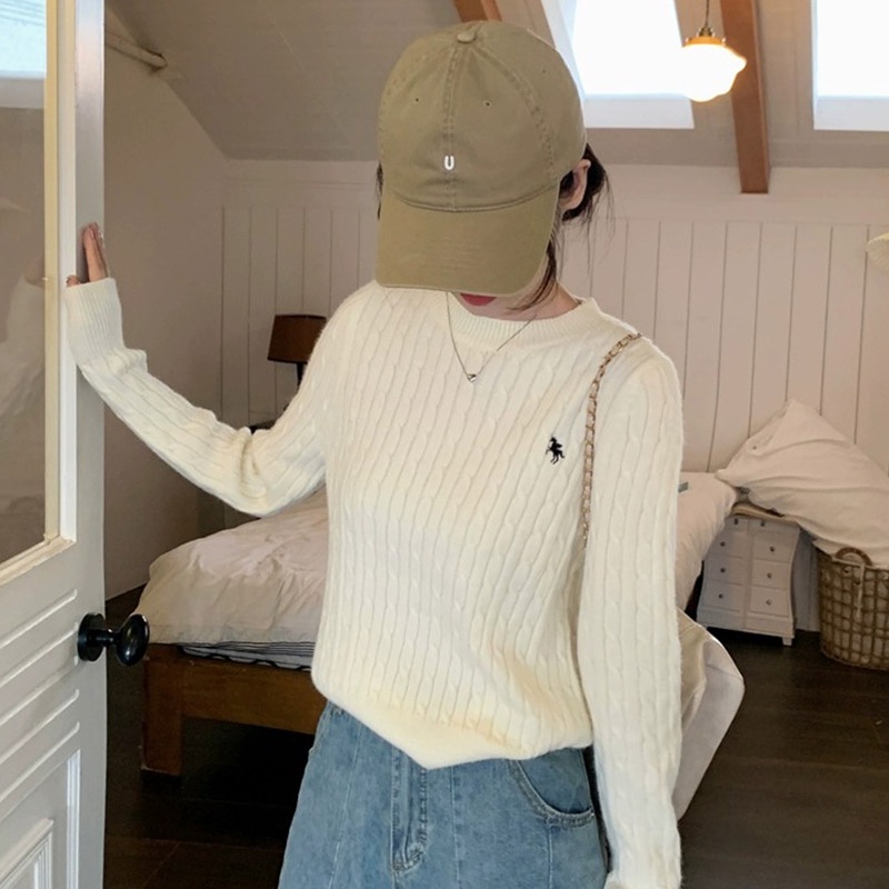 Yaoli Áo sweater Dệt Kim Chui Đầu Cổ Tròn Tay Dài Dáng Rộng Màu Trơn Thêu Họa Tiết Thời Trang Mùa Thu Cho Nữ