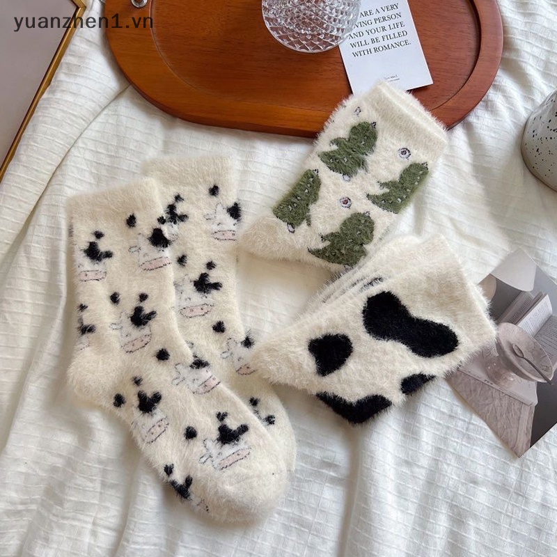 Zhen Vớ Nhung San Hô Giữ Ấm Mùa Đông In Họa Tiết Bò Sữa Vui Nhộn sox vn