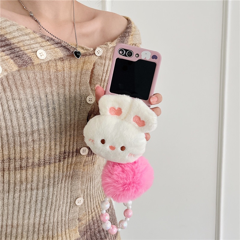 Hoạt Hình Ốp Điện Thoại Chống Sốc Có Dây Đeo Tay Và Bóng Lông Thỏ Cho samsung galaxy z flip 4 3 5 samsung z flip5 zflip5